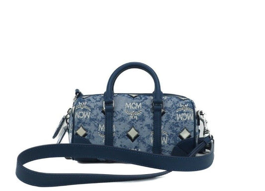 MCM Boston Mini bolso cruzado de tela con logotipo jacquard vintage azul