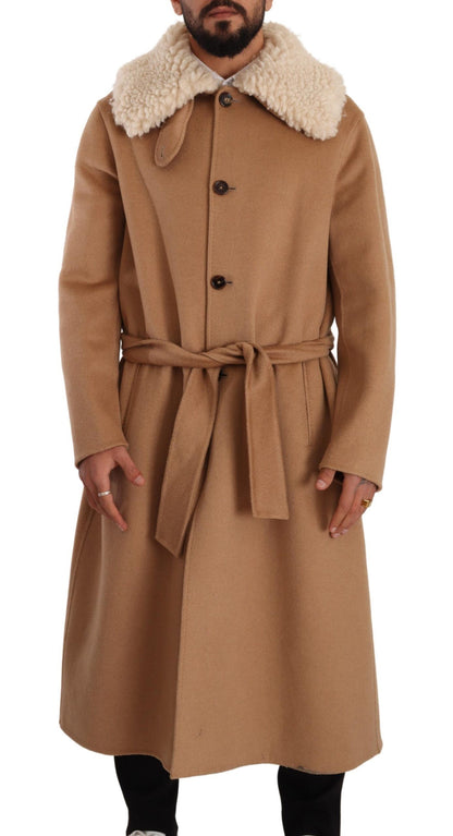 Dolce & Gabbana Opulent Beige Shearling-Collar Overcoat