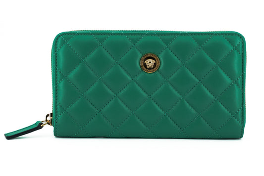 Cartera larga con cremallera alrededor de cuero verde Versace