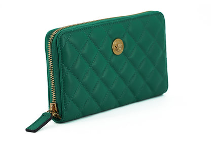 Cartera larga con cremallera alrededor de cuero verde Versace