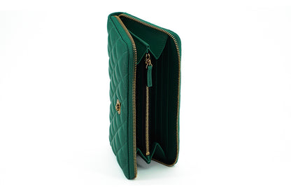 Cartera larga con cremallera alrededor de cuero verde Versace