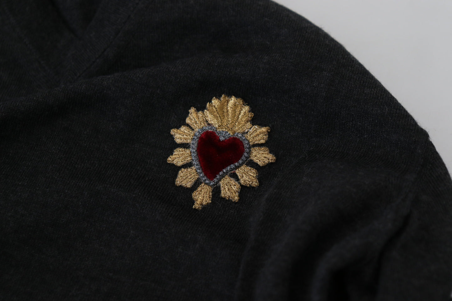 Dolce & Gabbana V-Neck Cashmere Sweater with Heart Embroidery