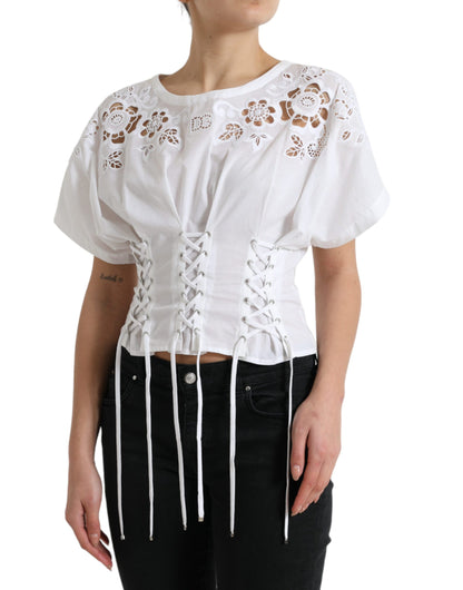 Dolce & Gabbana Elegant White Floral Lace-Up Blouse