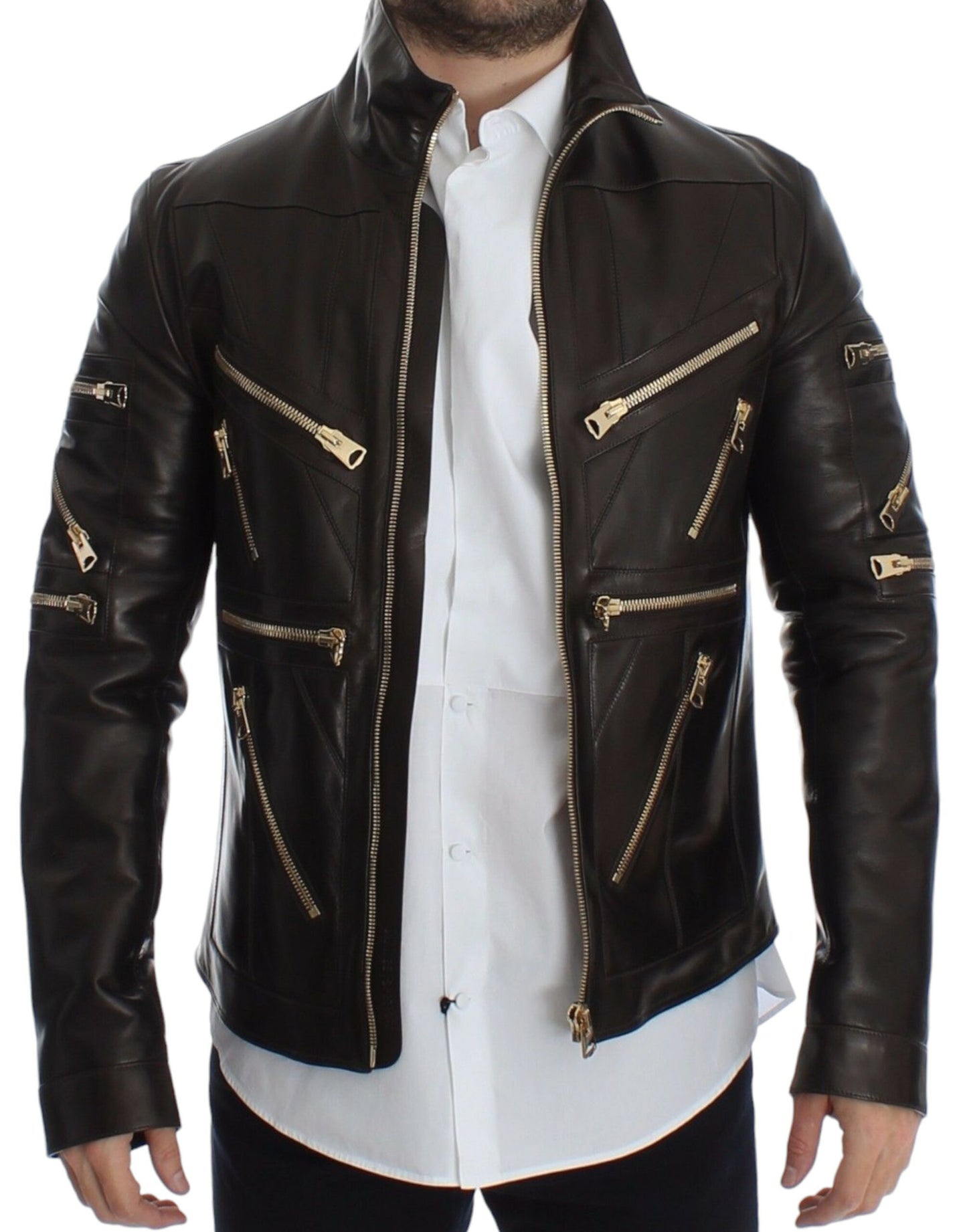 Dolce & Gabbana Elegant Brown Gold-Detailed Leather Jacket