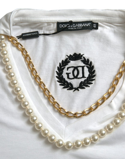 Dolce & Gabbana Elegant White Cotton Tee with Necklace Detail