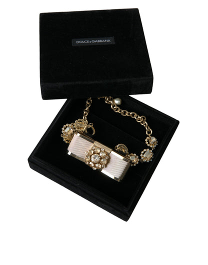 Dolce & Gabbana Gold Brass Clear Crystal Bow Chain Choker Necklace