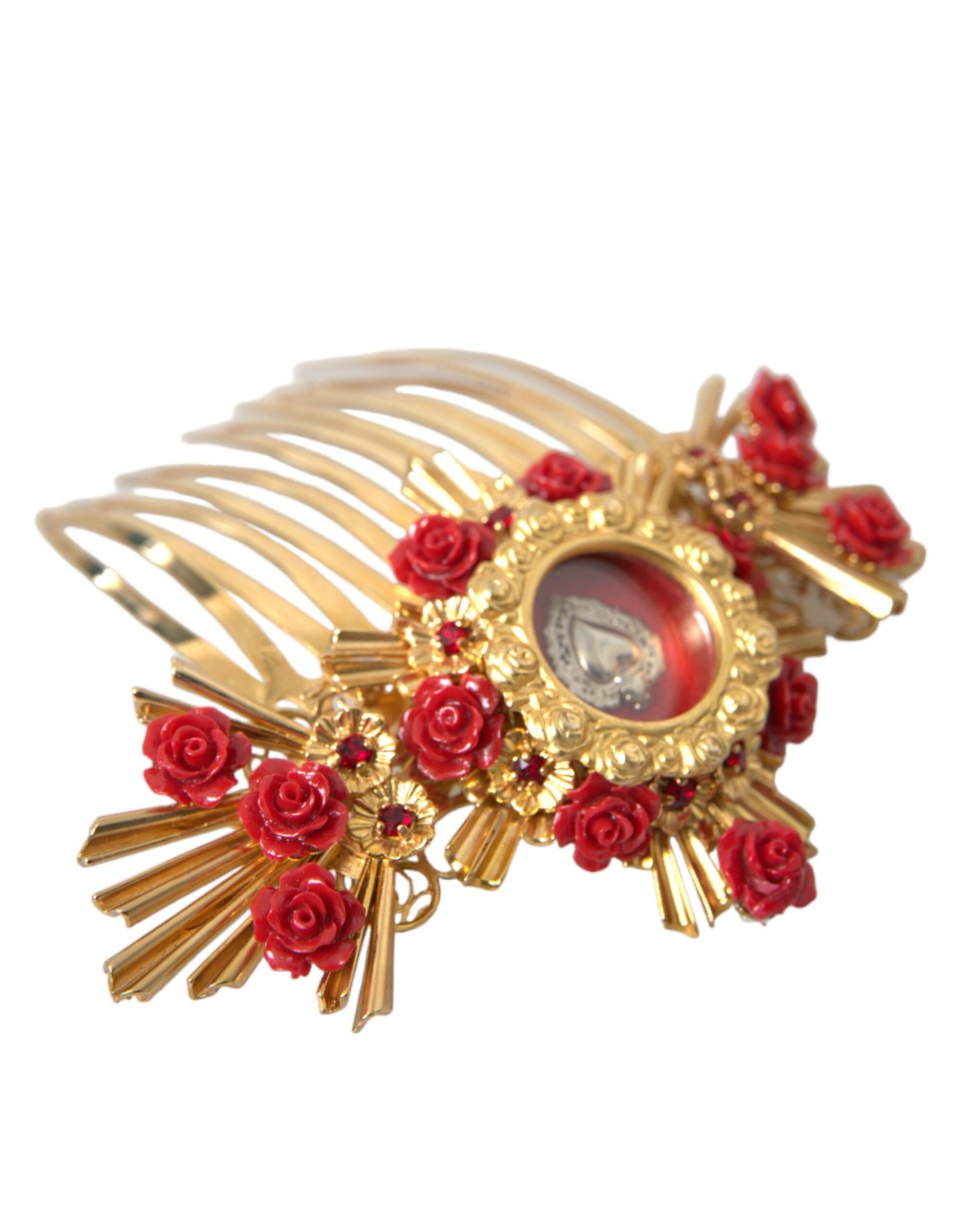 Dolce & Gabbana Gold Brass Crystal Heart Floral Hair Comb