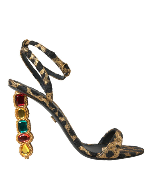 Dolce & Gabbana Gold Leopard Crystals Heels Sandals Shoes