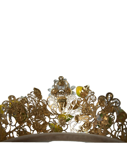 Dolce & Gabbana Gold Tone Brass Crystal Sicily Lemon Head Crown Tiara