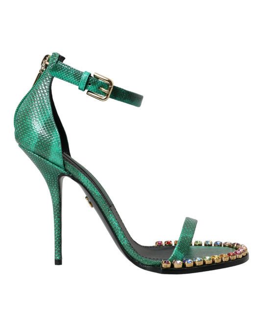 Dolce & Gabbana Green Exotic Leather Crystal Sandals Shoes