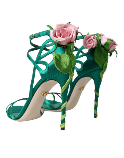 Dolce & Gabbana Green Flower Satin Heels Sandals Shoes