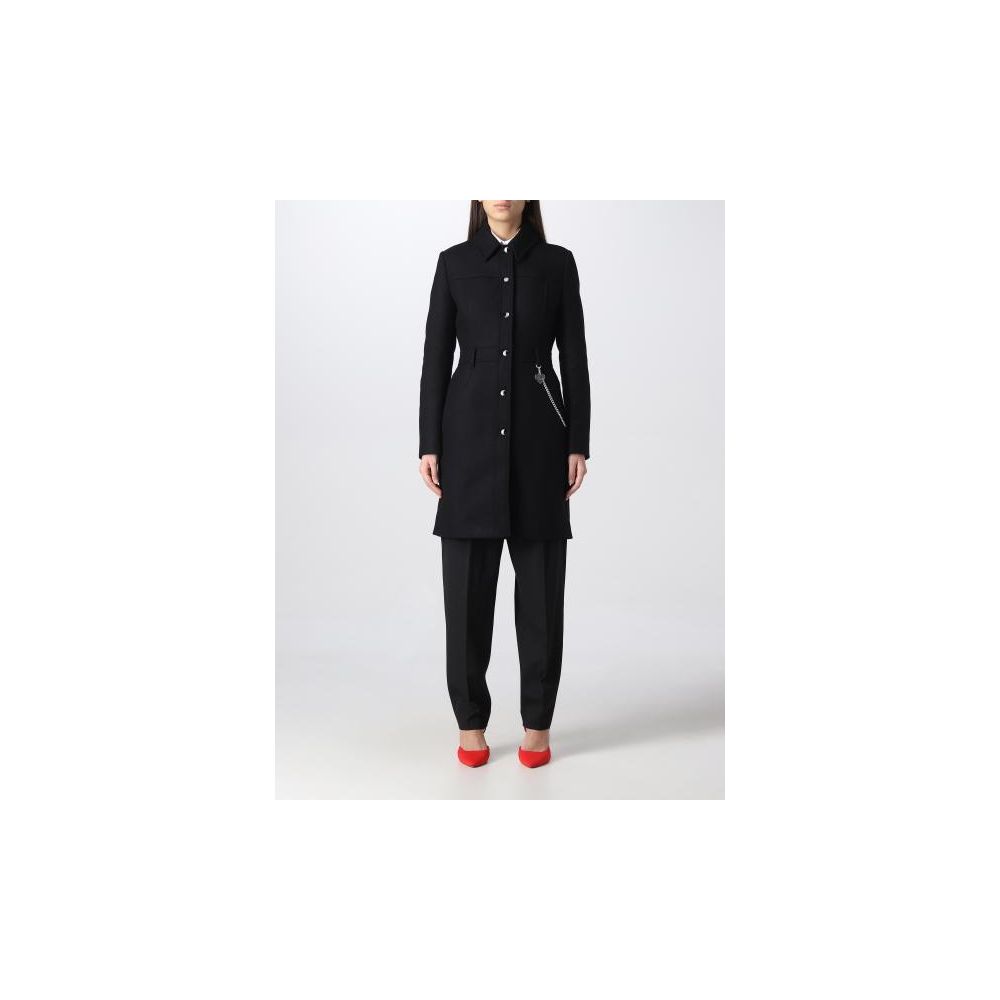 Love Moschino Elegant Black Wool Coat with Silver Chain Detail