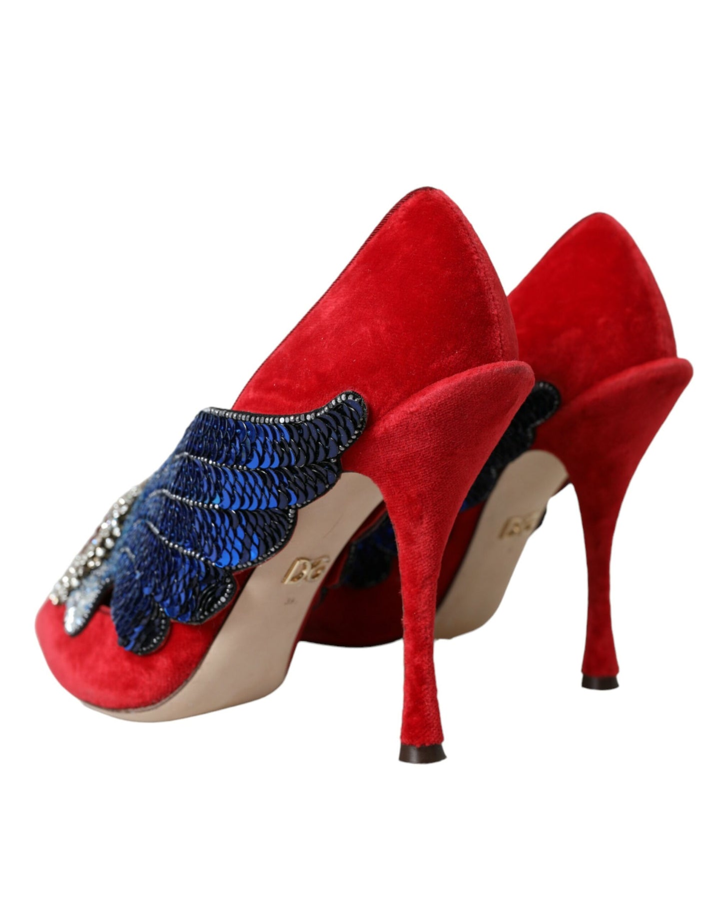 Dolce & Gabbana Red Velvet Sequin Crystal Heels Pumps Shoes