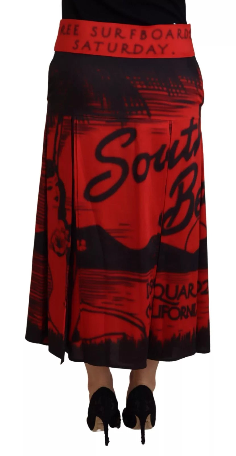 Dsquared² Red Printed High Waist A-line Pleated Midi Skirt