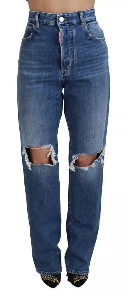 Dsquared² Blue Distressed High Waist Straight Denim Jeans