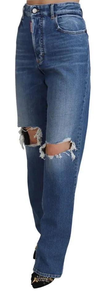 Dsquared² Blue Distressed High Waist Straight Denim Jeans