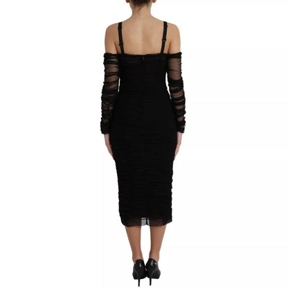 Dolce & Gabbana Black Cold Shoulder Stretch Tulle Midi Dress