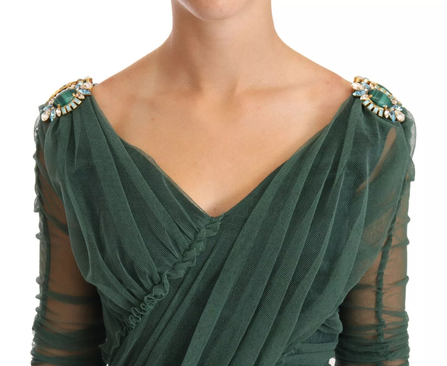 Dolce & Gabbana Green Ruched Stretch Tulle Crystal Midi Dress