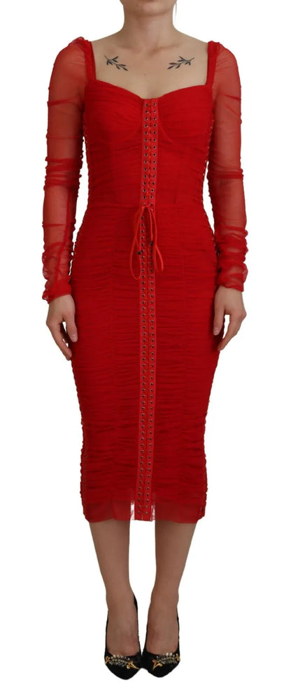 Dolce & Gabbana Red Mesh Trim Bodycon Sheath Midi Dress