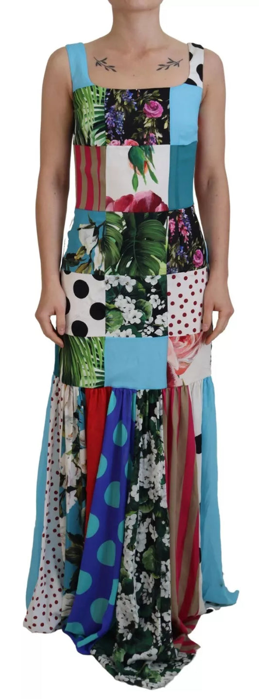 Dolce & Gabbana Silk Multicolor Patchwork Sheath Maxi Dress