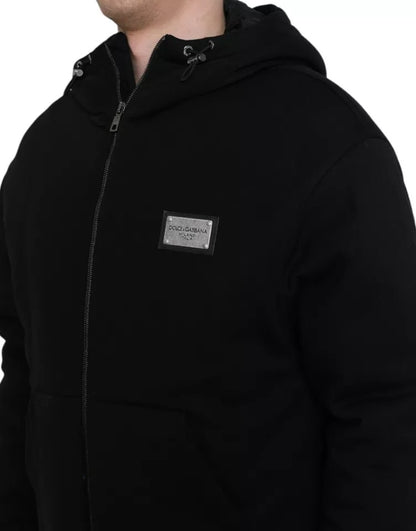 Dolce & Gabbana Black Cotton Hooded Logo Bomber Jacket