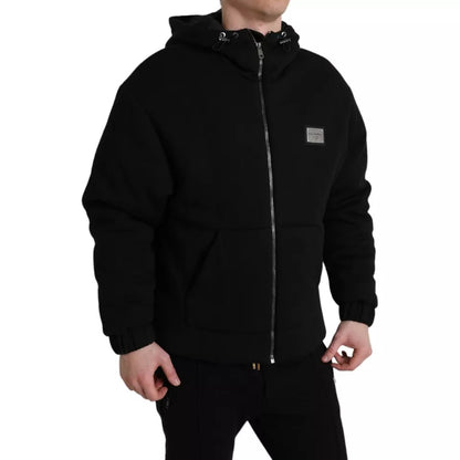 Dolce & Gabbana Black Cotton Hooded Logo Bomber Jacket