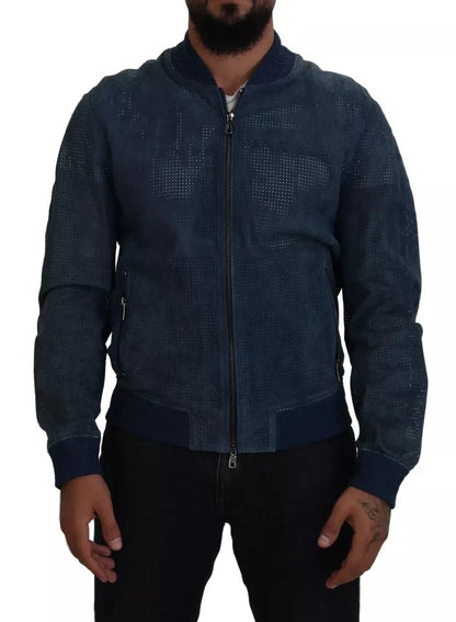 Dolce & Gabbana Blue Leather Perforated Full Zip Jacket