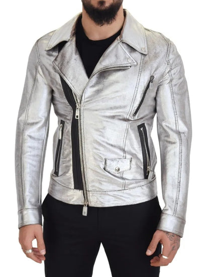 Dolce & Gabbana Silver Leather Biker Coat Lambskin Jacket