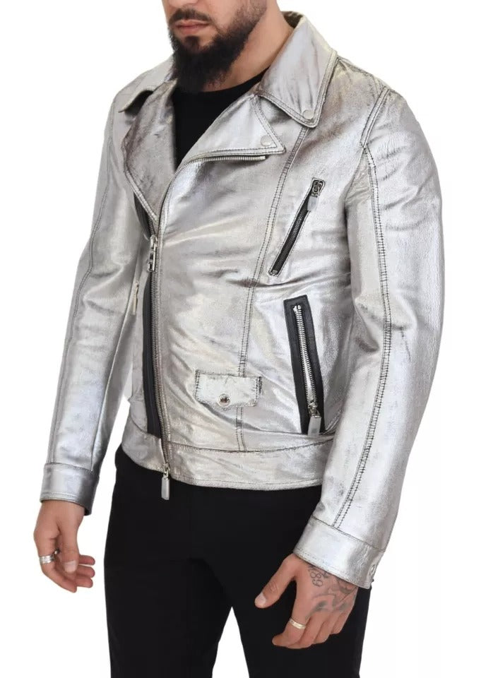 Dolce & Gabbana Silver Leather Biker Coat Lambskin Jacket