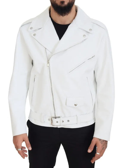 Dolce & Gabbana White Leather Biker Coat Zipper Jacket