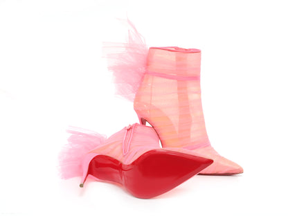 Christian Louboutin Libellibooty 100 Bubble Gum Pink Mesh and Leather High Heel Boots