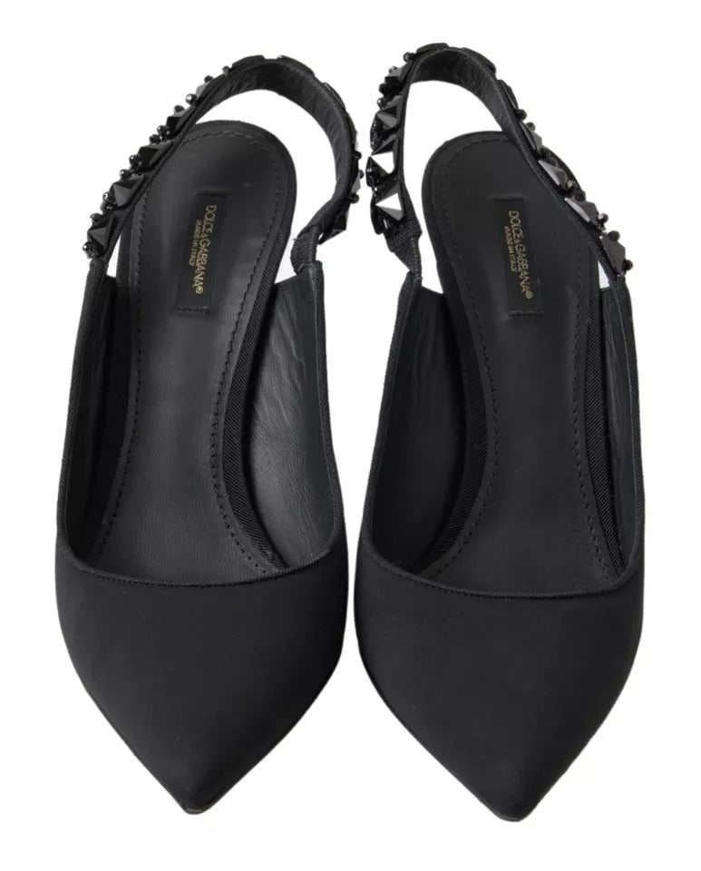 Dolce & Gabbana Black Embellished Charmeuse Slingback Heels Shoes