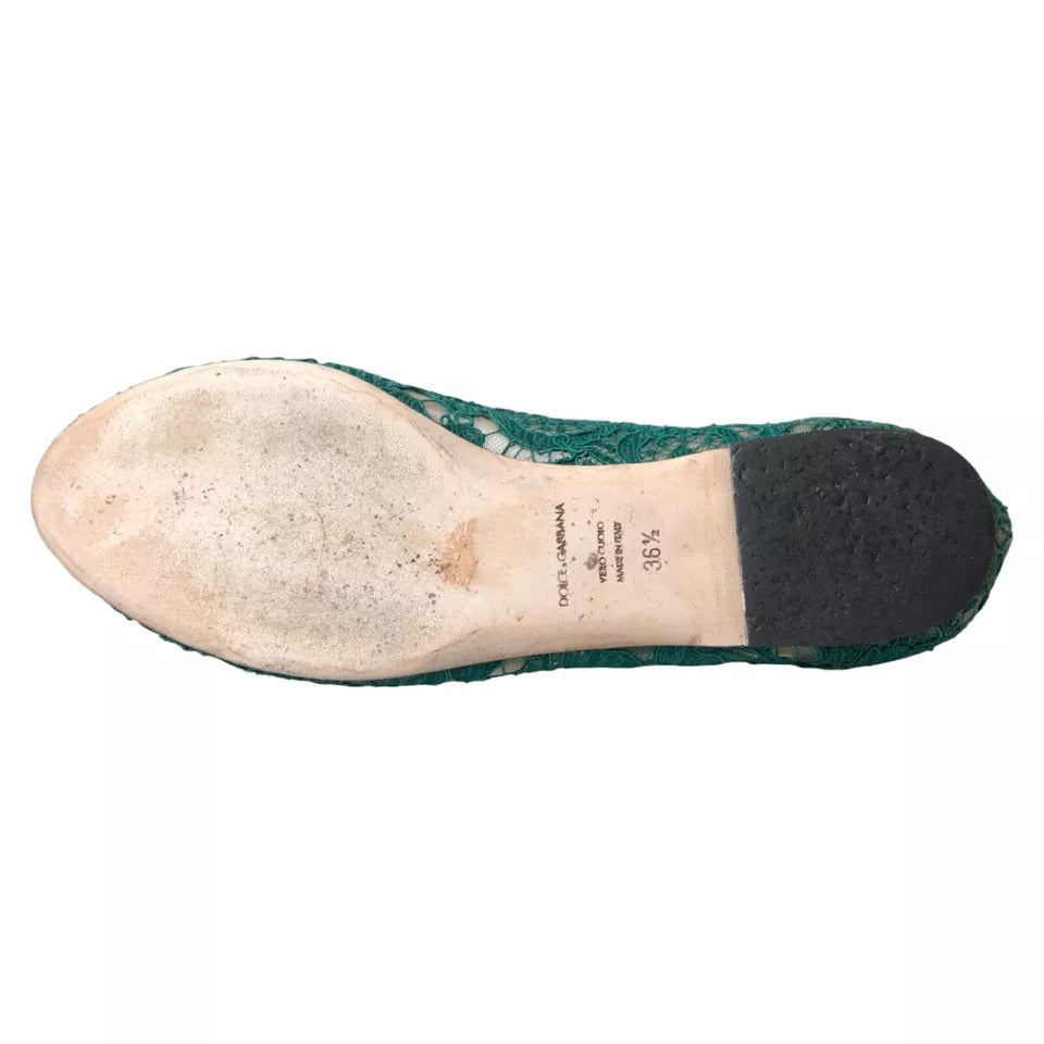 Dolce & Gabbana Green Taormina Lace Slip On Flats Shoes