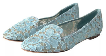 Dolce & Gabbana Light Blue Floral Lace Loafers Flats Shoes