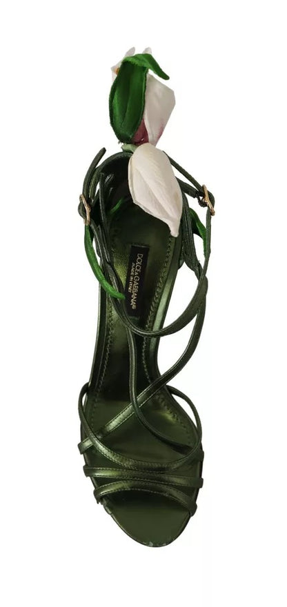 Dolce & Gabbana Acid Green Leather Strappy Flower Heels Sandals Shoes