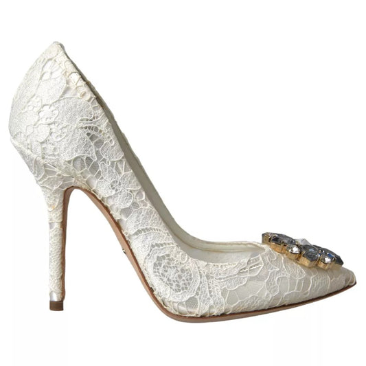 Dolce & Gabbana White Taormina Lace Crystal Heel Pumps Shoes