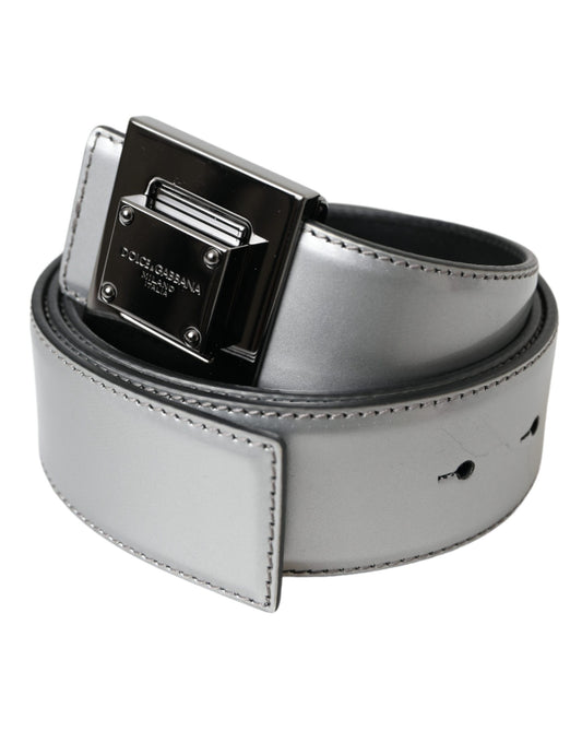 Dolce & Gabbana Silver Leather Square Metal Buckle Belt