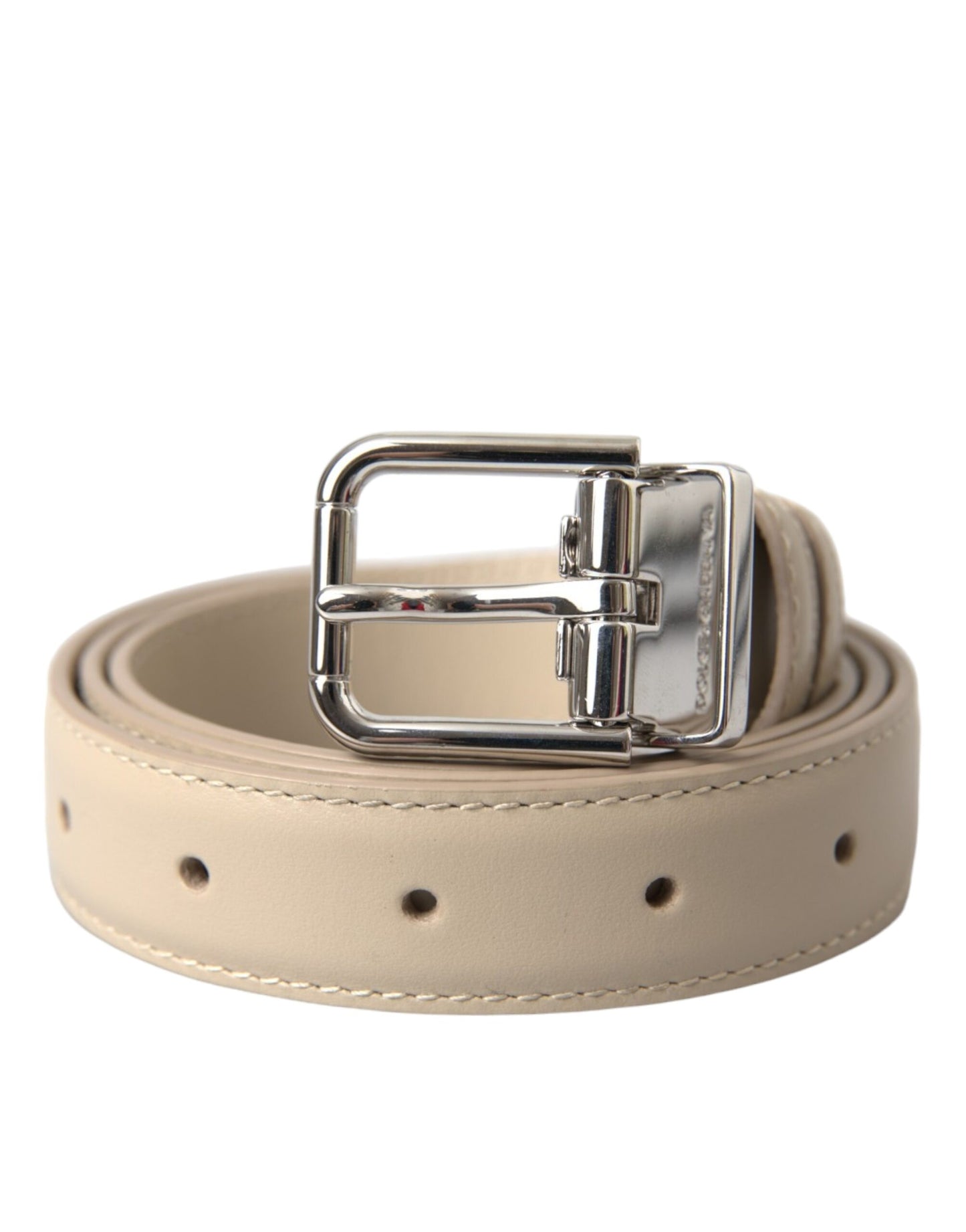 Dolce & Gabbana Beige Calfskin Leather Silver Metal Buckle Belt