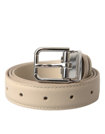 Dolce & Gabbana Beige Calfskin Leather Silver Metal Buckle Belt