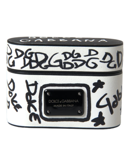 Dolce & Gabbana Black White Leather Scribble Embossed Logo Airpods Case