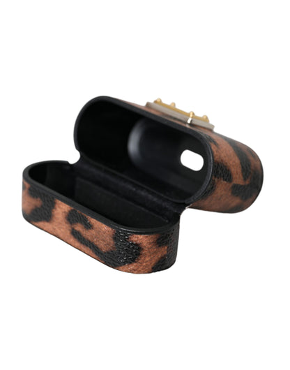 Dolce & Gabbana Brown Leopard Calf Leather Logo Plaque Airpods Case