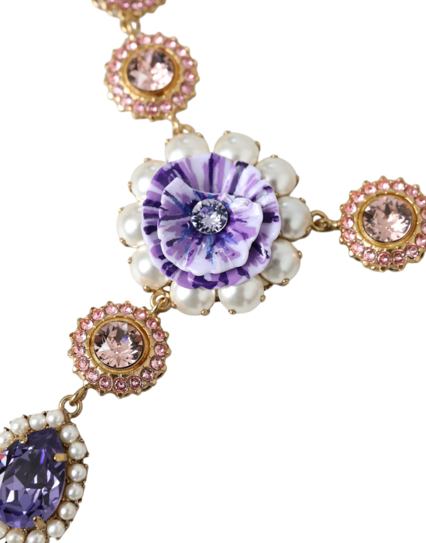 Dolce & Gabbana Gold Brass Crystal Purple Pink Pearl Pendants Necklace