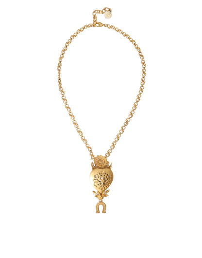 Dolce & Gabbana Gold Brass Chain Sacred Heart Crystal Charm Necklace