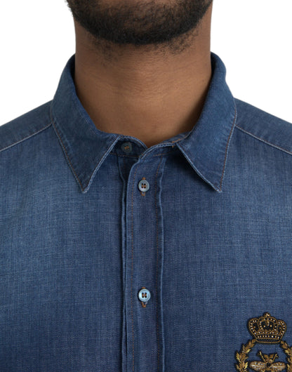 Dolce & Gabbana Blue Crown Bee Cotton Denim GOLD Shirt