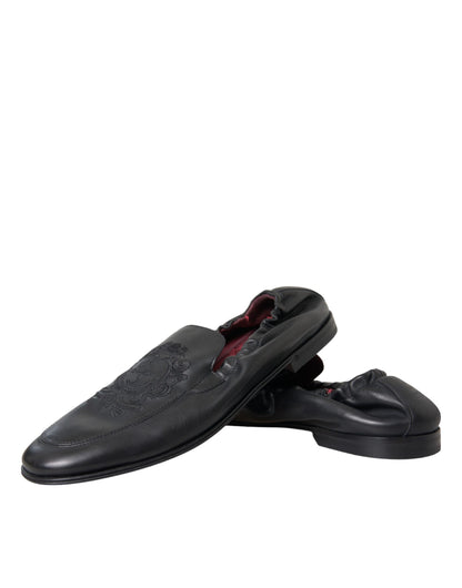 Dolce & Gabbana Black Logo Embroidered Leather Loafer Men Dress Shoes