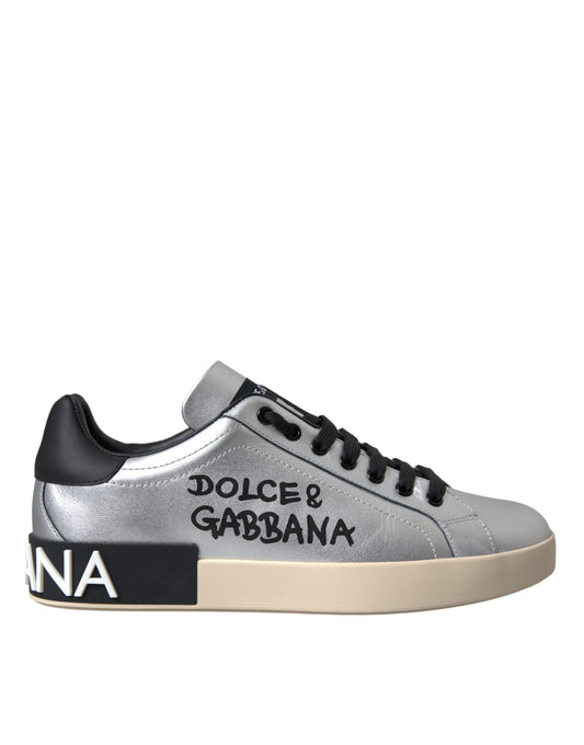 Dolce & Gabbana Silver Portofino Calf Leather Sneakers Men Shoes