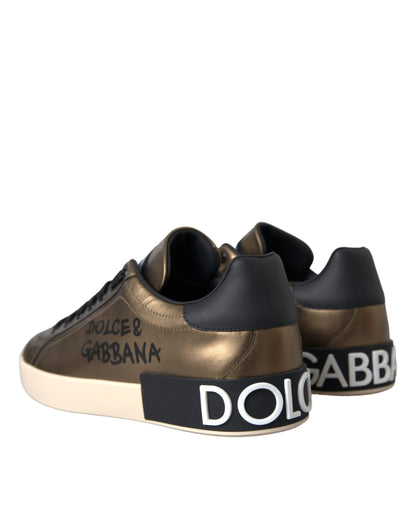 Dolce & Gabbana Gold Black Portofino Calf Leather Sneakers Shoes