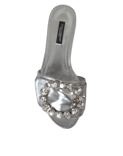 Dolce & Gabbana Silver Crystal Leather Flats Sandals Shoes