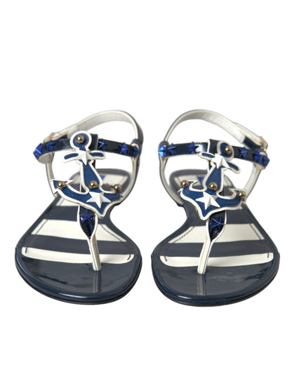 Dolce & Gabbana Blue Stripes Leather Studded Flats Sandals Shoes