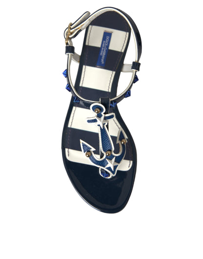 Dolce & Gabbana Blue Stripes Leather Studded Flats Sandals Shoes